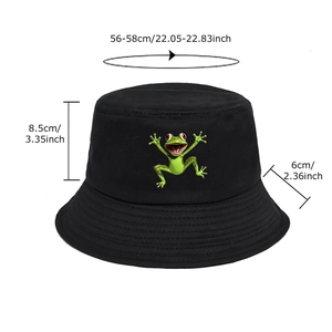 Schwarzer Anglerhut für Damen und Herren mit Frosch-Print und Größenangaben