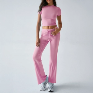 Women Top And Pants Solid Color Round Neck Short Sleeve Crop Top High Waist Drawstring Viscose Elastane Casual