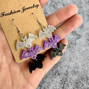Bat Dangle Earrings Glitter Acrylic Three Layer Dark Gothic Style Halloween Party Jewelry For Women Novelty Ear Hook