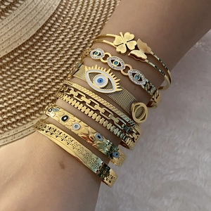 Evil Eye Bangle Bracelet For Women Retro Stainless Steel Enamel Butterfly Clover Hollow Floral Luxury Vintage Jewelry