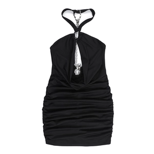 Detailed flat lay of black halter neck mini dress featuring silver metal chain and ruching