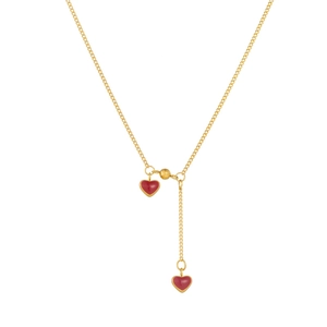 Elegant gold Y-shaped necklace with deep red heart pendants and adjustable slider chain