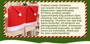 Detail of red Santa hat chair cover showing dimensions 65x50cm and soft non-woven fabric