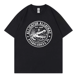 Classic black crew neck T-shirt with white Alligator Alcatraz graphic logo on front