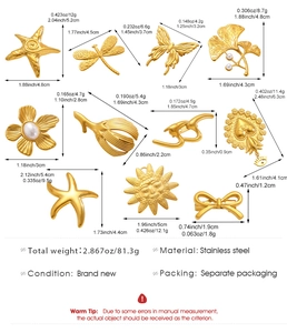 Detailed view of 11 stainless steel gold charms with dimensions and weight specs