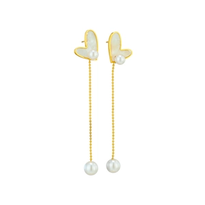Elegant gold heart earrings with shell inlay, long chain tassels and white pearls