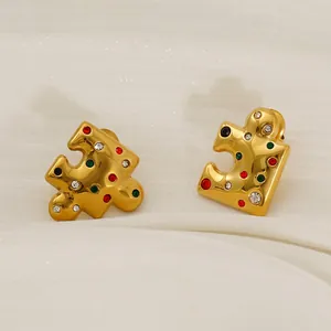 Jigsaw Puzzle Stud Earrings With Stainless Steel Earring Post 18K Gold Plated Colorful Rhinestone Creative Jewelry For Women