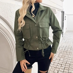 Detail of army green cropped jacket showing drawstring waist and utility pockets