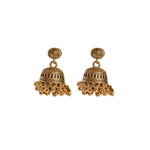 Vintage gold Jhumka tassel earrings with intricate flower carvings and silver pins