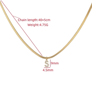 Gold stainless steel snake chain necklace with zircon S pendant and measurement details