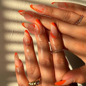 Faux Ongles Press On Nails Longues Amande Orange Style Français Vague Manucure Pour Femmes