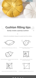 Guide showing six steps to fill and shape a plush velvet pumpkin cushion for home decor