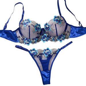 Sexy blue lace embroidery lingerie set with sheer mesh bra and matching thong