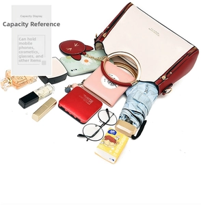 Large capacity reference for red and white tote bag with mobile phone and cosmetics