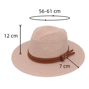 Pink fedora straw hat with brown leather band showing detailed size dimensions