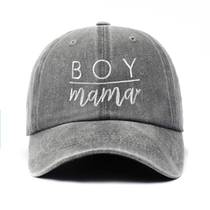 Distressed dark gray washed cotton baseball cap with BOY mama white embroidery detail