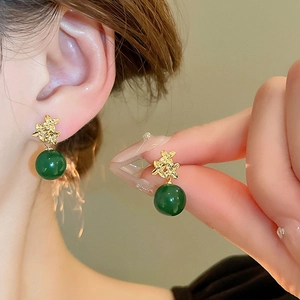 Vintage floral gold earrings with dark green resin beads and elegant French style design