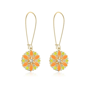 Detail of bohemian 18K gold plated floral earrings with orange and green enamel and zircons