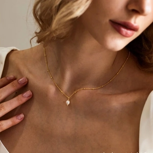 18K gold plated stainless steel bead chain necklace with a single round white pearl pendant