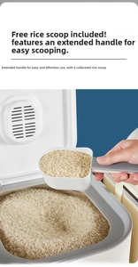 Detail of modern food-grade rice container with long-handle measuring spoon for precise scooping