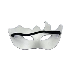 Detail view of the matte white masquerade mask back showing the black elastic strap
