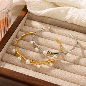 Minimalist stainless steel open bangle set with pearls in gold and silver finishes