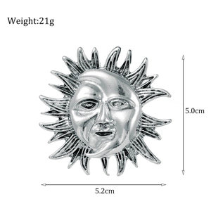 Elegant Sun and Moon face brooch in silver plating, vintage 5cm metal pins for blazer