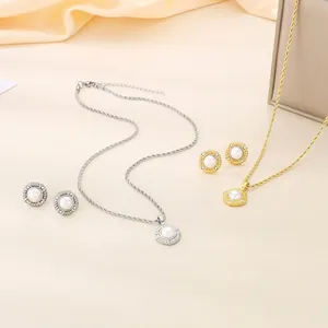 Elegant Circular Artificial Pearl Rhinestone Necklace And Earrings Stainless Steel Twist Chain Luxury Jewelry For Women