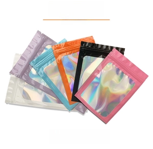 Detailed view of colorful holographic laser zip lock bags with clear display window