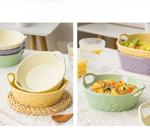Detail of ceramic bowl with dual handles and ripple texture for air fryer baking