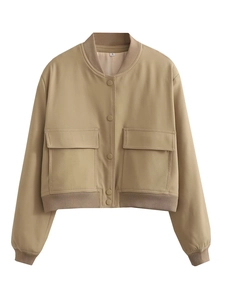 Detail of khaki bomber jacket collar showing size S label and ribbed stand-up neckline