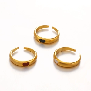 18K gold plated minimalist heart open rings in black, red, and white enamel finish