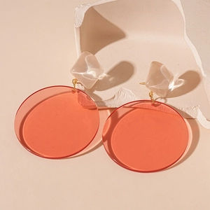 Minimalist resin geometric drop earrings with red acrylic circles and gold-tone links
