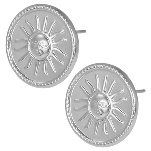 Macro shot of silver sun relief stud earrings made of 304 stainless steel in detail