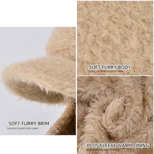Chapeau bob en peluche beige pour femme avec doublure polaire chaude pour l'hiver