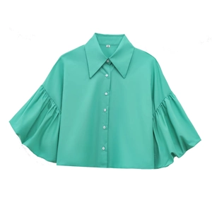 Mint green women's puff sleeve button-up shirt with a classic pointed collar