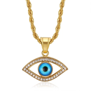 Golden hip hop necklace with Evil Eye pendant, blue center and white rhinestones on rope chain