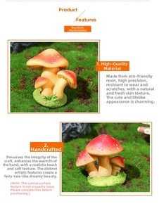 Detail of red resin mushroom figurine with white dots on artificial green moss background