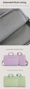 Detail view of thickened shockproof plush lining and laptop bag color options