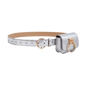 Silver metallic belt with gold buckle and matching mini pouch featuring a gold ring accent