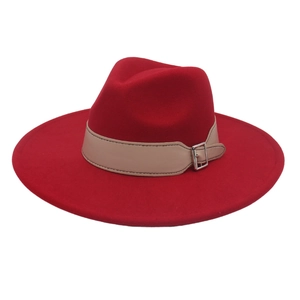 Classic red wide brim fedora hat with a khaki leather belt buckle for men and women