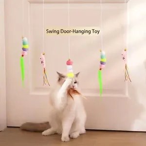 Interactive door hanging swing toy with colorful plush balls and feathers for cats