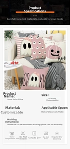 Macro shot of a pink Halloween pillow featuring a ghost and pumpkin pattern, size 45x45cm