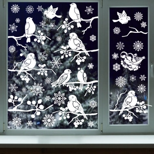 Christmas Window Clings Static Stickers White Snowflake Bird Reusable PVC Decals Holiday Party Glass Home Decor Winter Theme