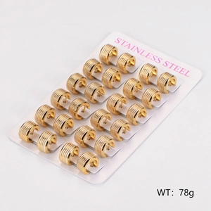 Set of 12 pairs gold stainless steel ribbed C-shaped hoop earrings on display card