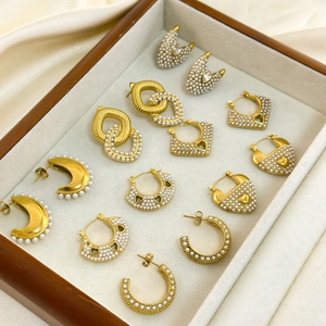 Vintage 18k gold plated stainless steel earrings with pearls set in a wooden jewelry box