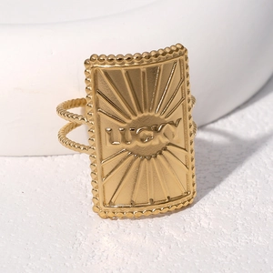 Golden stainless steel Lucky ring with rectangular sunburst face and double band design