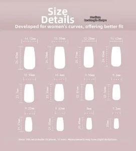 Tableau des tailles pour 24 faux ongles carrés mi-longs avec 12 dimensions précises