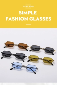 Detailed view of hexagonal metal frame sunglasses in five assorted lens colors