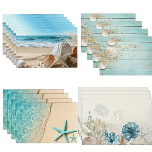 Ocean Beach Theme Linen Placemats Heat Resistant Washable Table Mats Starfish Shell Pattern For Dining Room Kitchen Decor